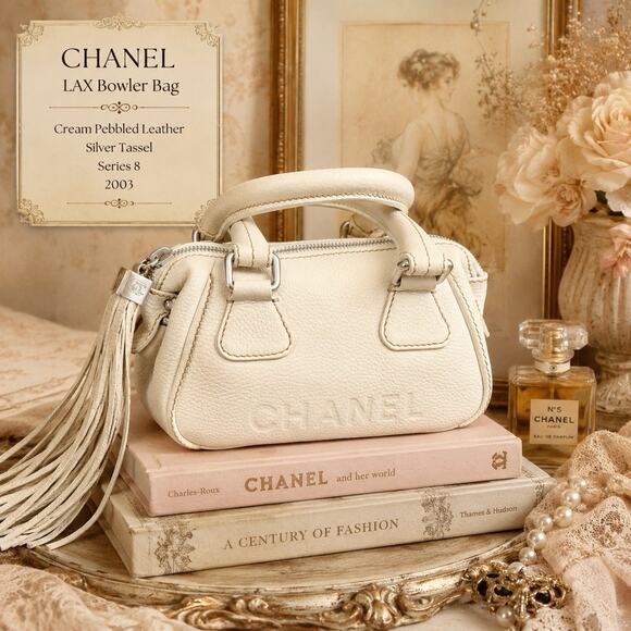 CHANEL Handbags - Chanel LAX Bowler Bag Cream Pebbled Leather Silver Tassel Series 8 2003
